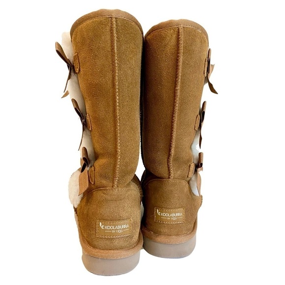Koolaburra by UGG Tall Boots Chestnut Suede Leather Faux Fur Pom Pom Size 8 - Picture 3 of 13